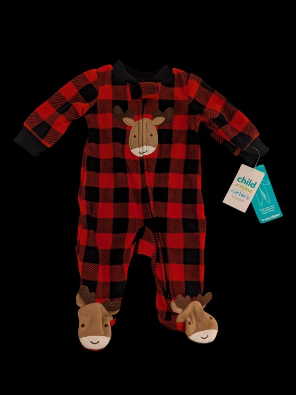 CARTER'S "CHILD OF MINE" HOLIDAY ONESIE, BLACK & RED PLAID WITH REINDEER MOTIF